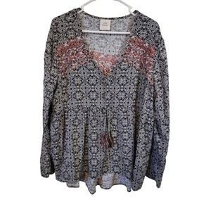 KNOX ROSE Black and White Embroidered Long Sleeve High Low Waist BOHO Top XXL